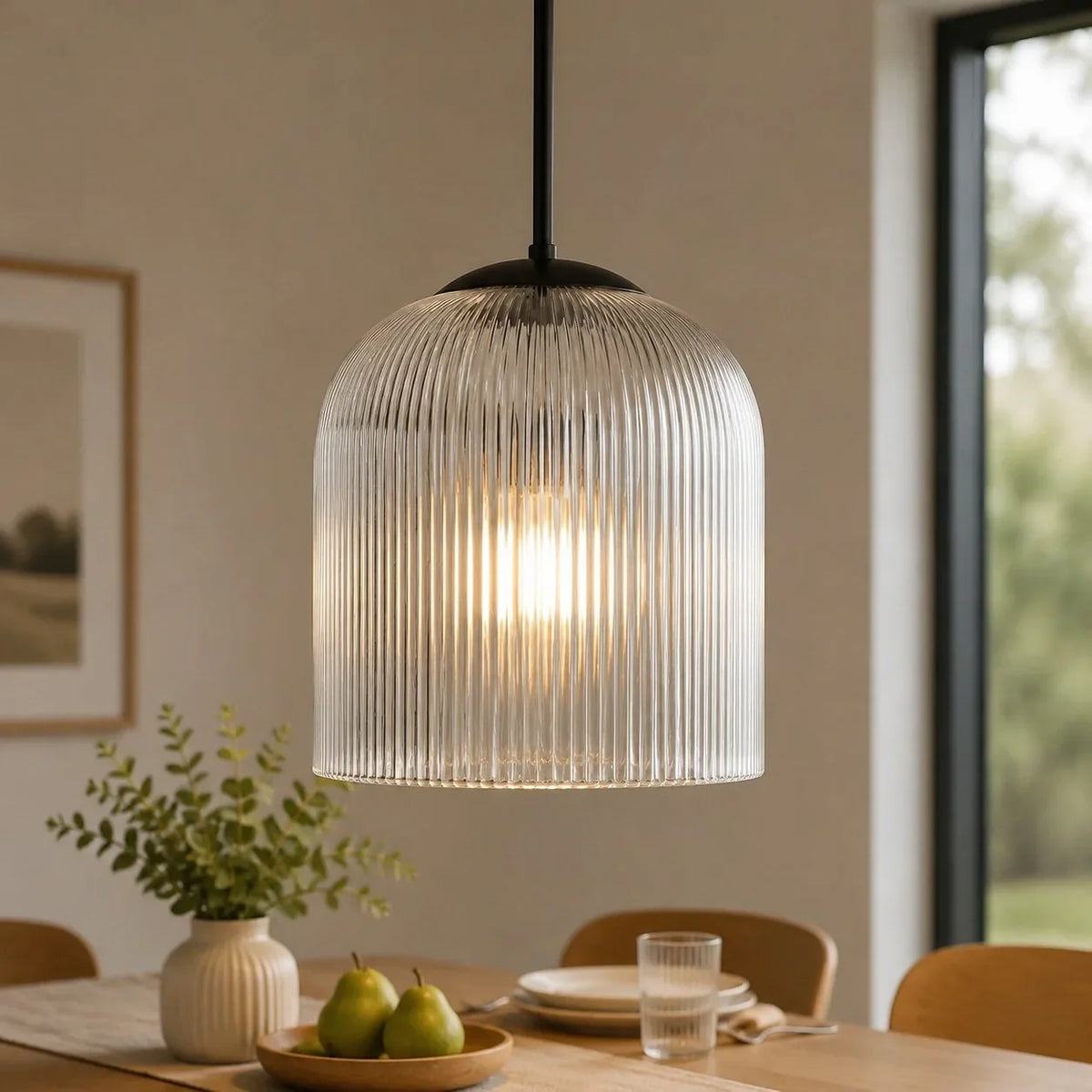 Pendant Light Ribbed Glass Shade Copper Finish E26 Socket