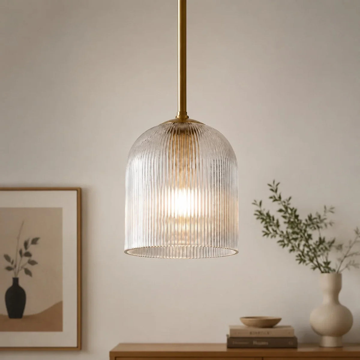 Pendant Light Ribbed Glass Shade Copper Finish E26 Socket