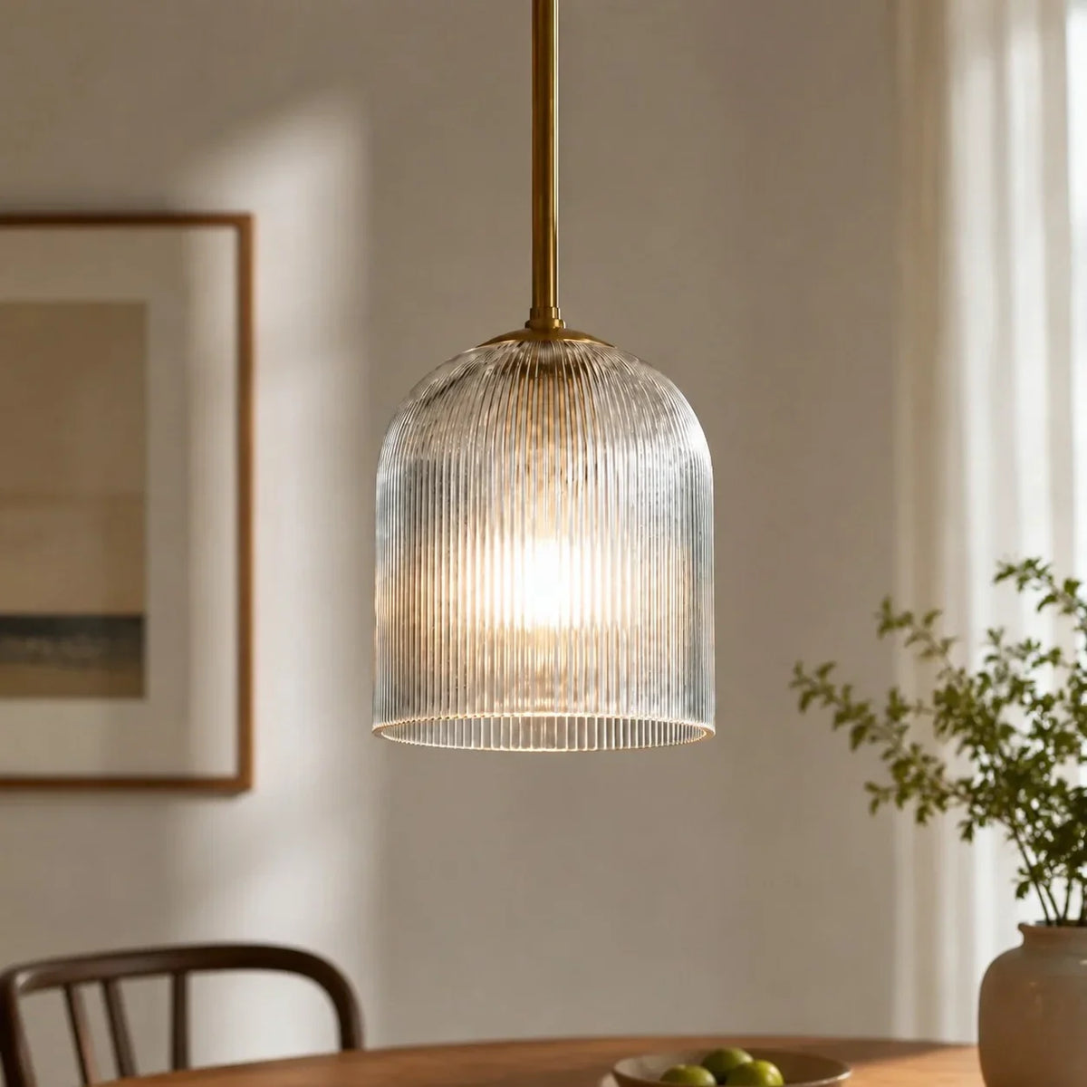 Pendant Light Ribbed Glass Shade Copper Finish E26 Socket