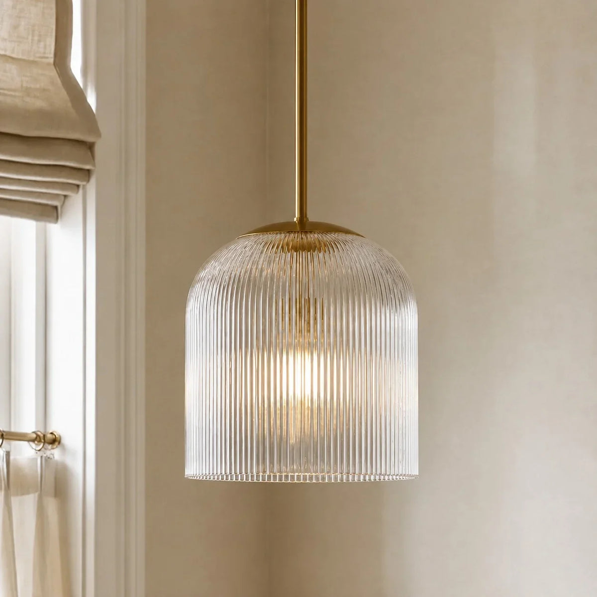 Pendant Light Ribbed Glass Shade Copper Finish E26 Socket