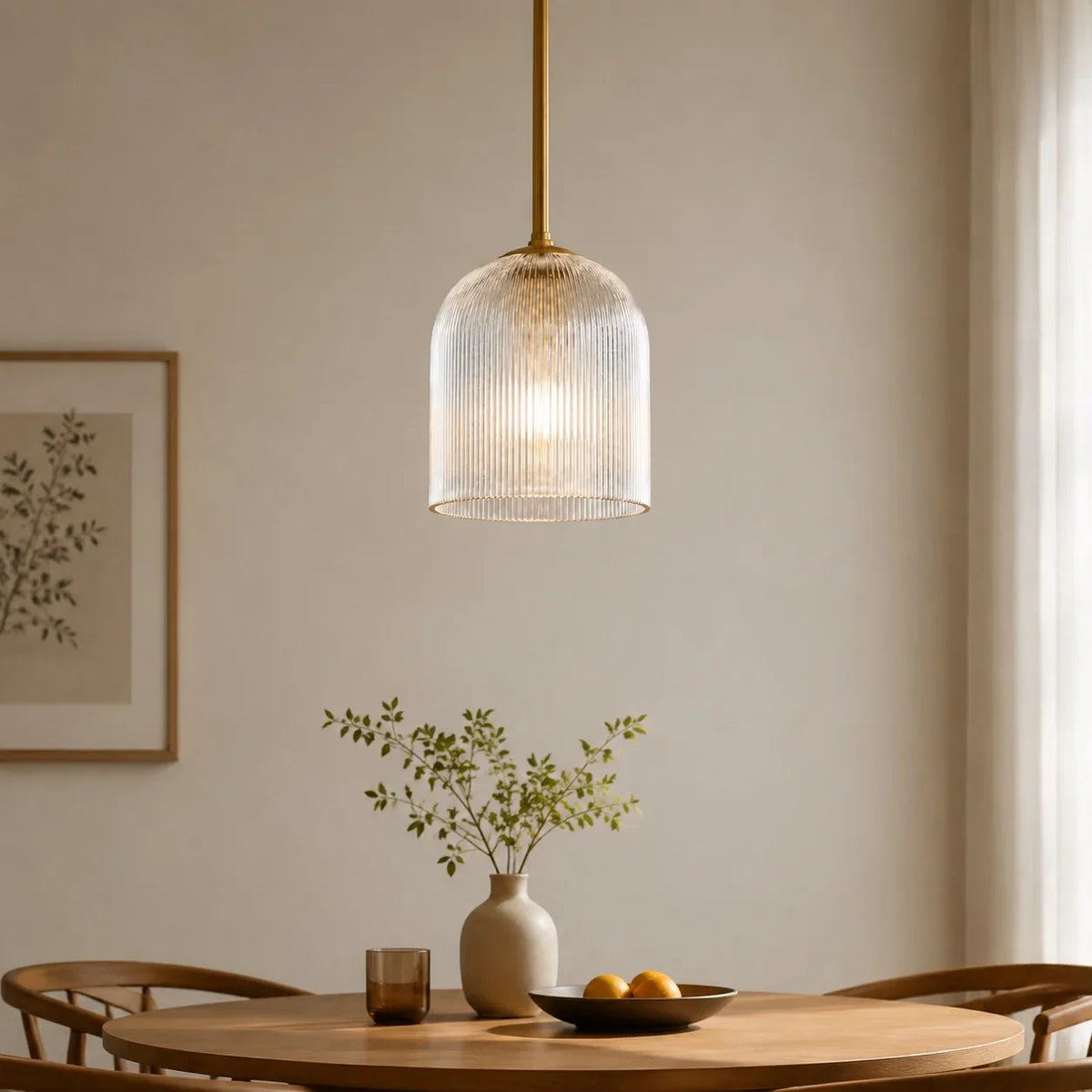 Pendant Light Ribbed Glass Shade Copper Finish E26 Socket