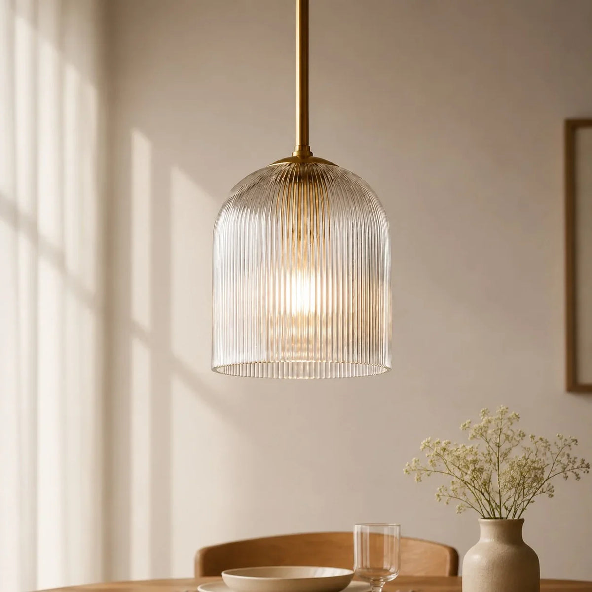 Pendant Light Ribbed Glass Shade Copper Finish E26 Socket