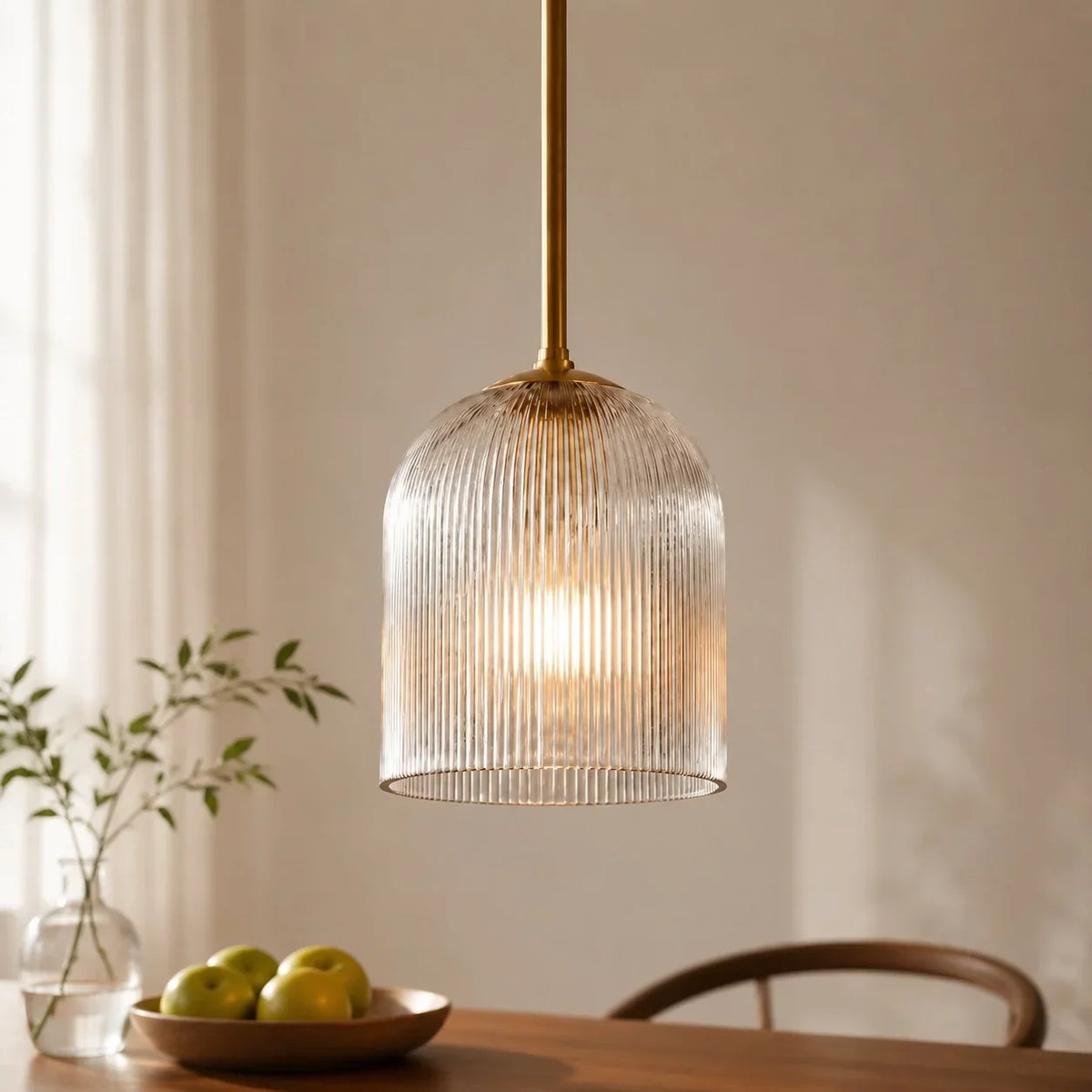 Pendant Light Ribbed Glass Shade Copper Finish E26 Socket