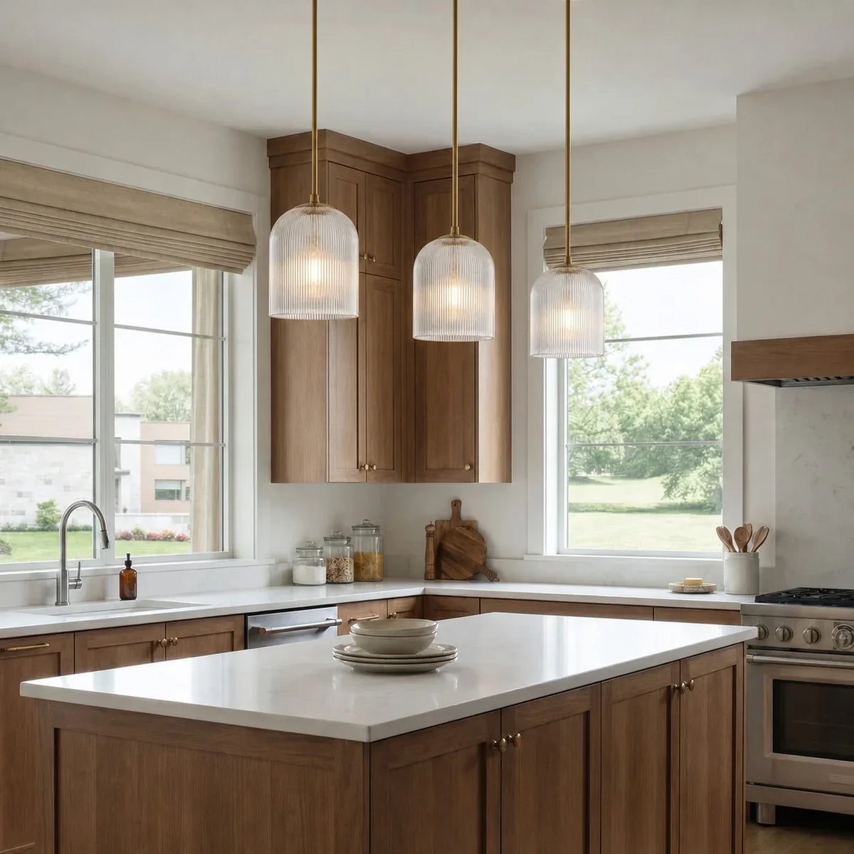 Pendant Light Ribbed Glass Shade Copper Finish E26 Socket