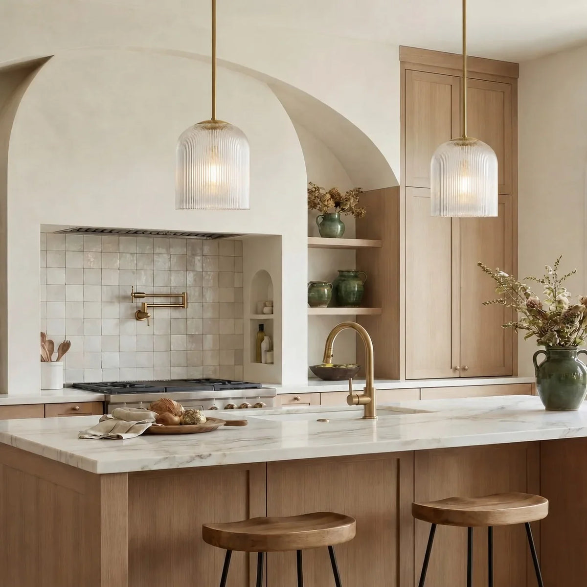 Pendant Light Ribbed Glass Shade Copper Finish E26 Socket