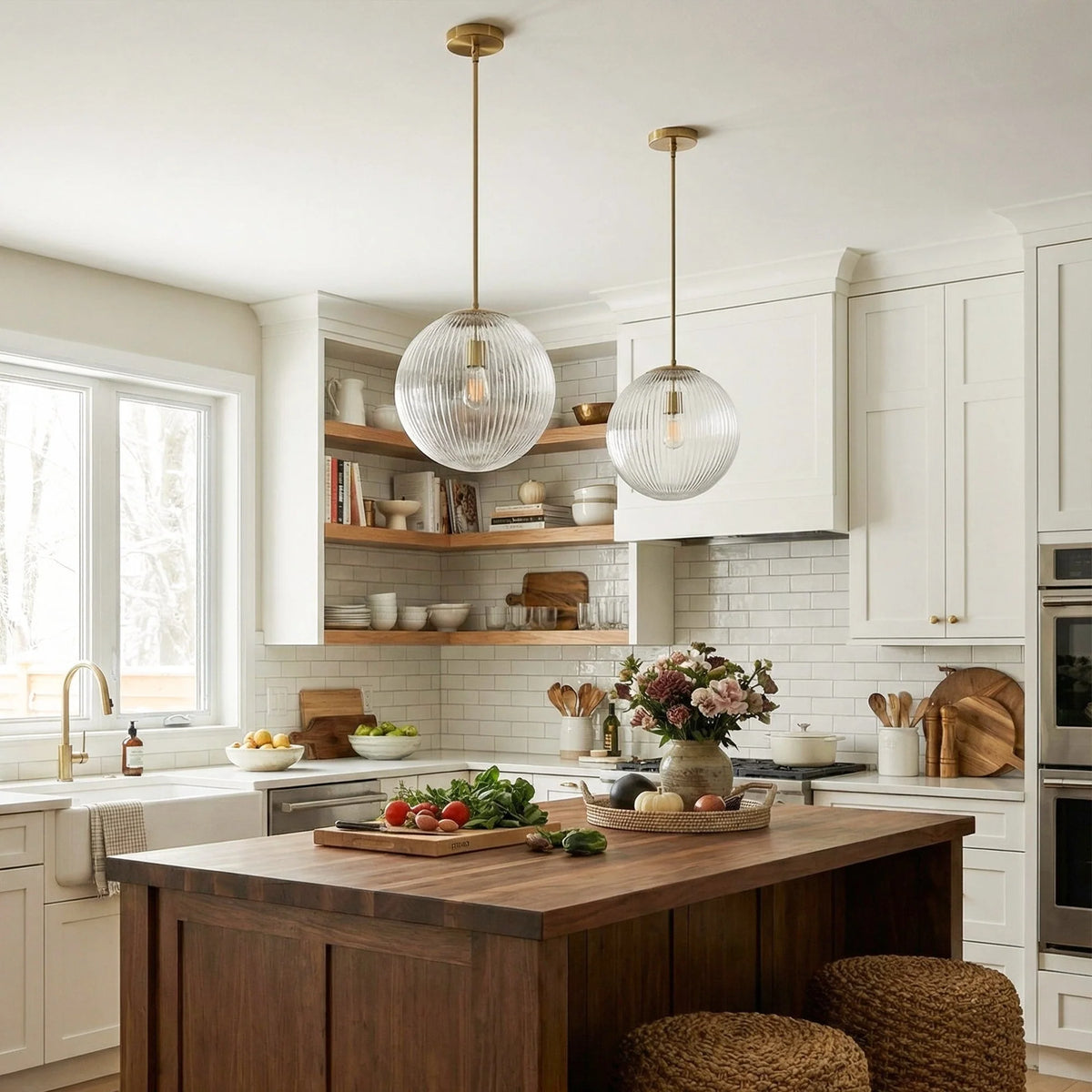 Pendant Light Ribbed Glass Shade Copper Finish E26 Socket