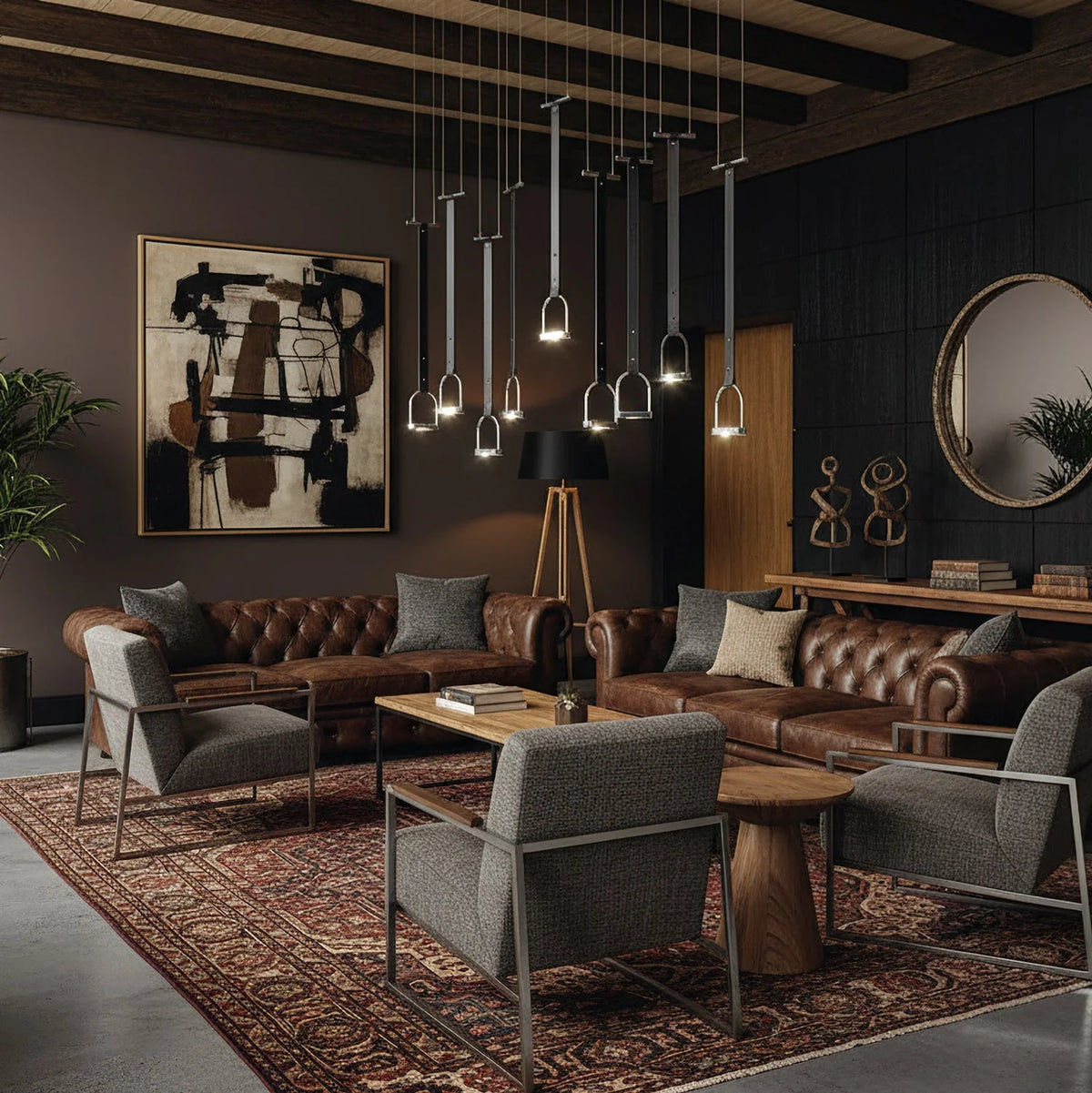 Pendant Light Stirrup-Inspired Genuine Leather Straps & Integrated LED