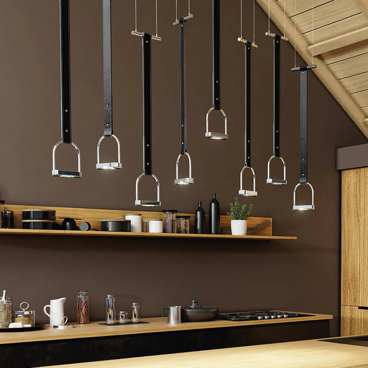 Pendant Light Stirrup-Inspired Genuine Leather Straps & Integrated LED