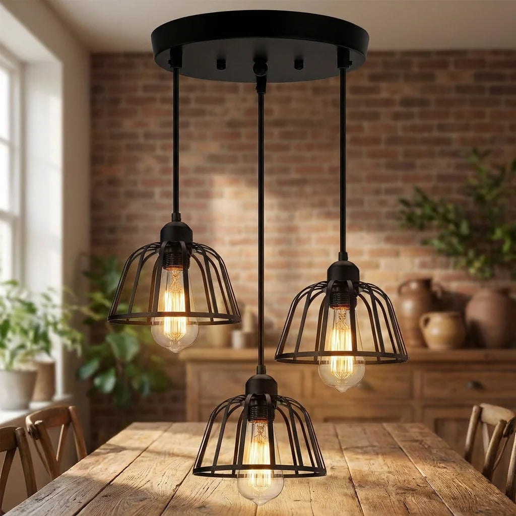 Pendant Light Three-Head Adjustable Height Iron Open Cage