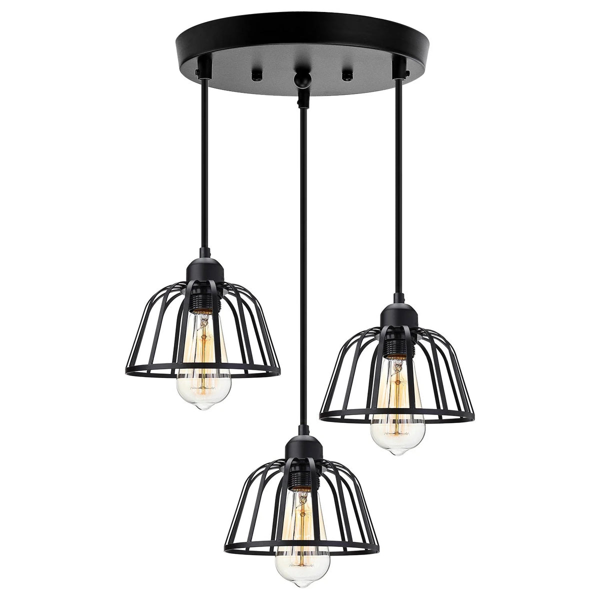 Pendant Light Three-Head Adjustable Height Iron Open Cage