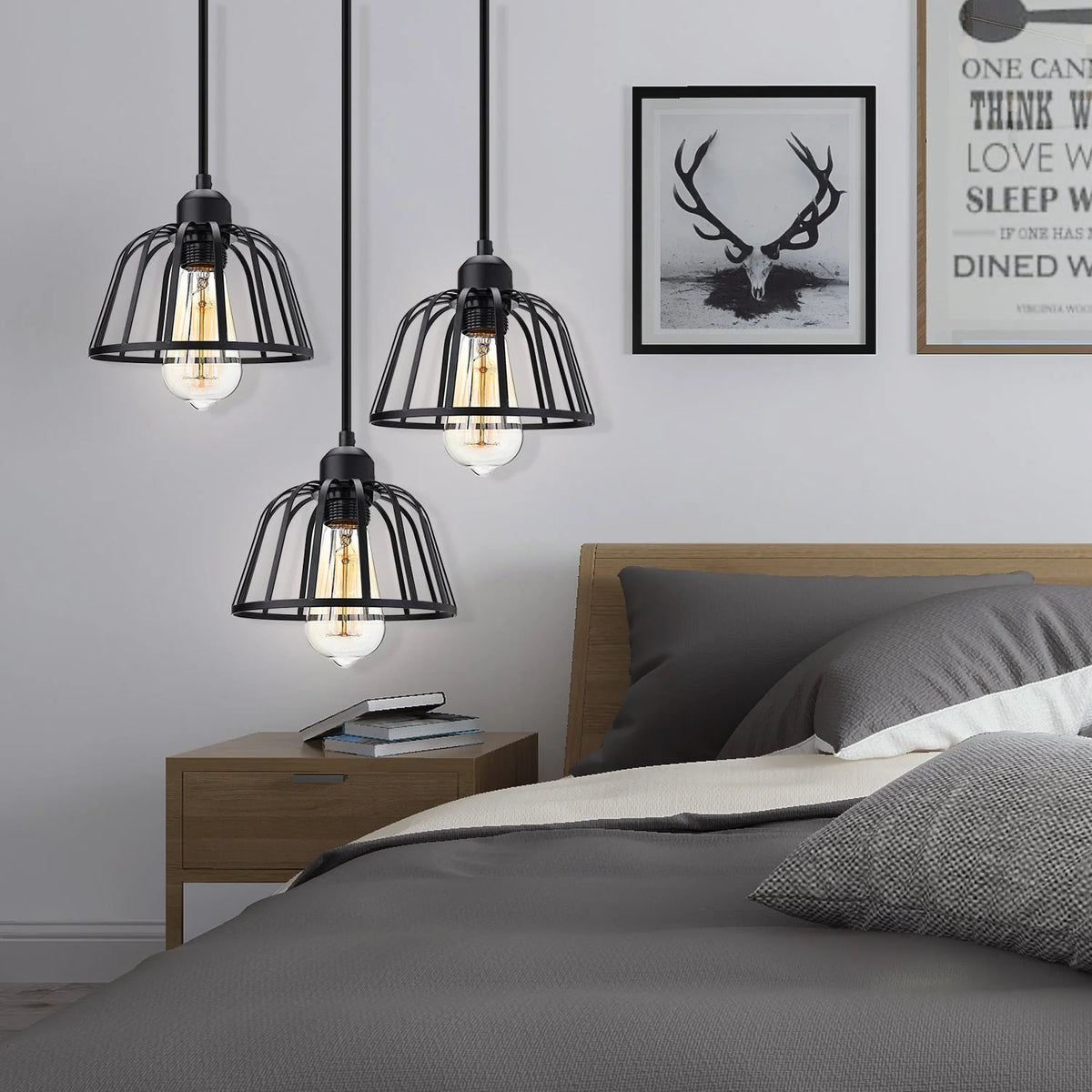 Pendant Light Three-Head Adjustable Height Iron Open Cage
