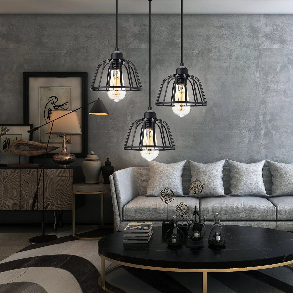 Pendant Light Three-Head Adjustable Height Iron Open Cage