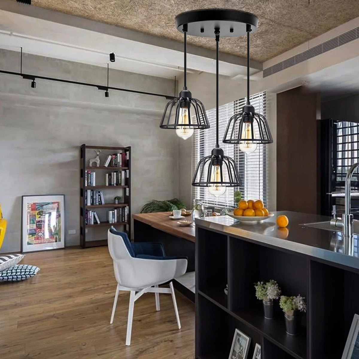 Pendant Light Three-Head Adjustable Height Iron Open Cage