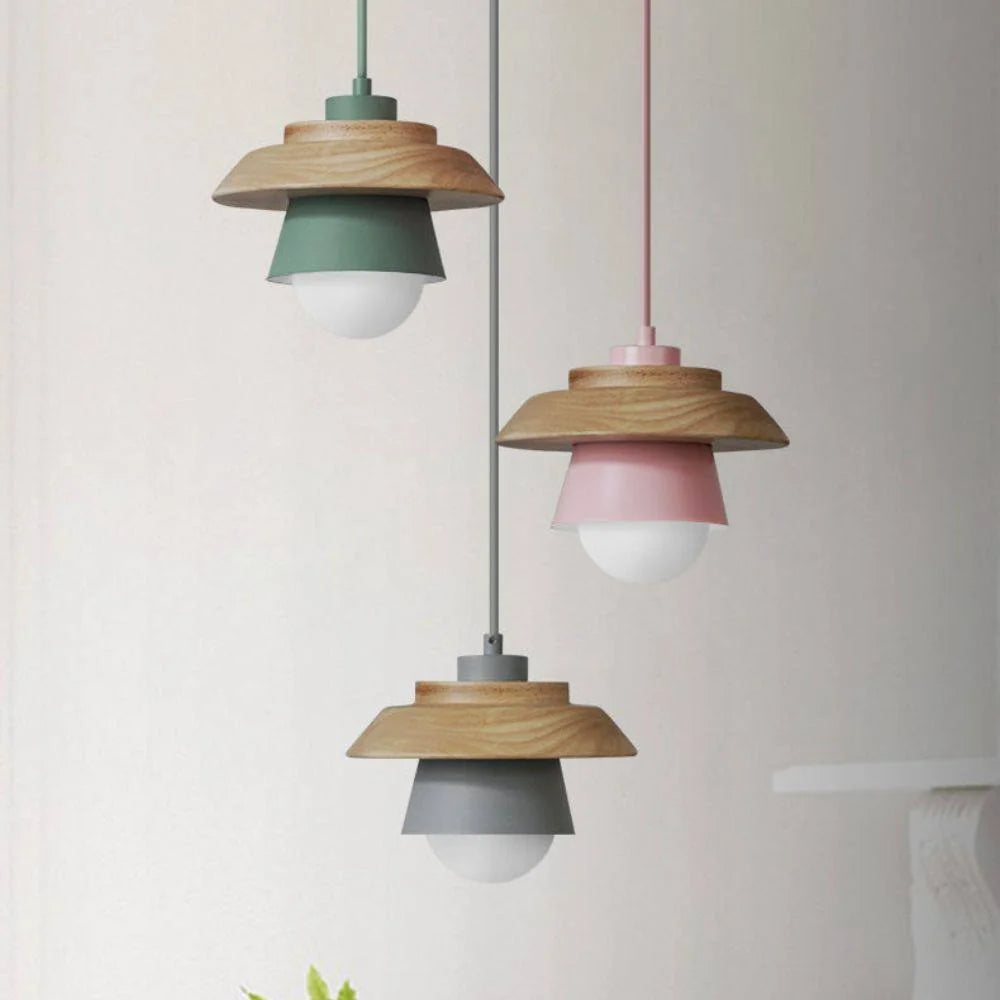 Pendant Light Warm Glow Aluminum & Wood Accent Adjustable Height