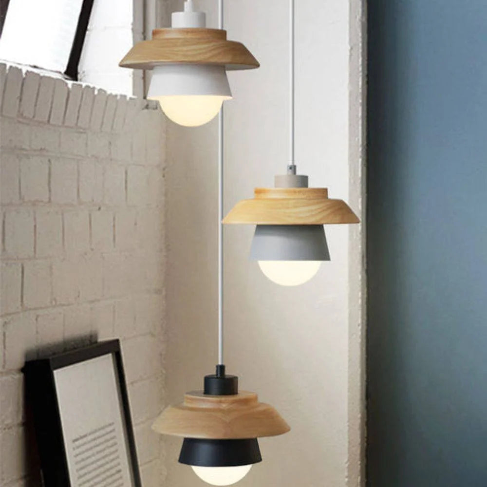 Pendant Light Warm Glow Aluminum & Wood Accent Adjustable Height