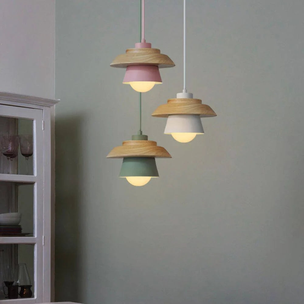 Pendant Light Warm Glow Aluminum & Wood Accent Adjustable Height