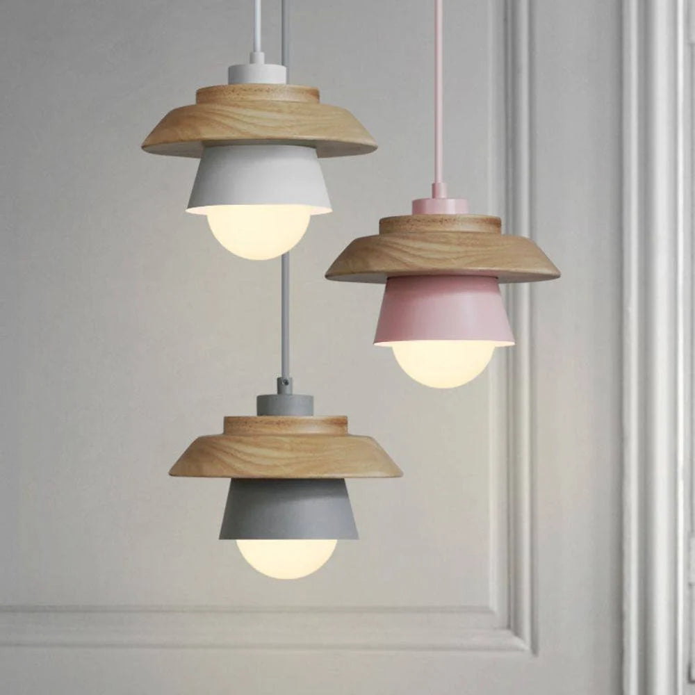 Pendant Light Warm Glow Aluminum & Wood Accent Adjustable Height