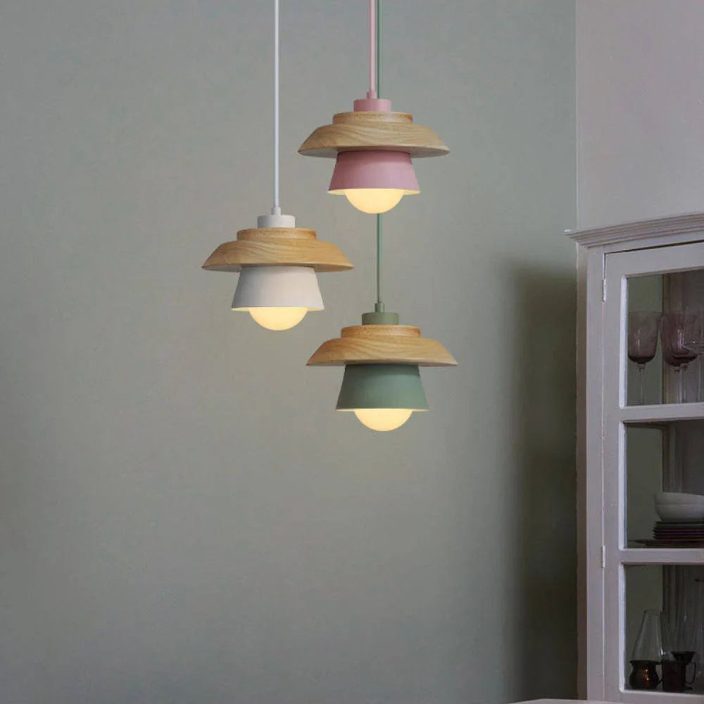Pendant Light Warm Glow Aluminum & Wood Accent Adjustable Height