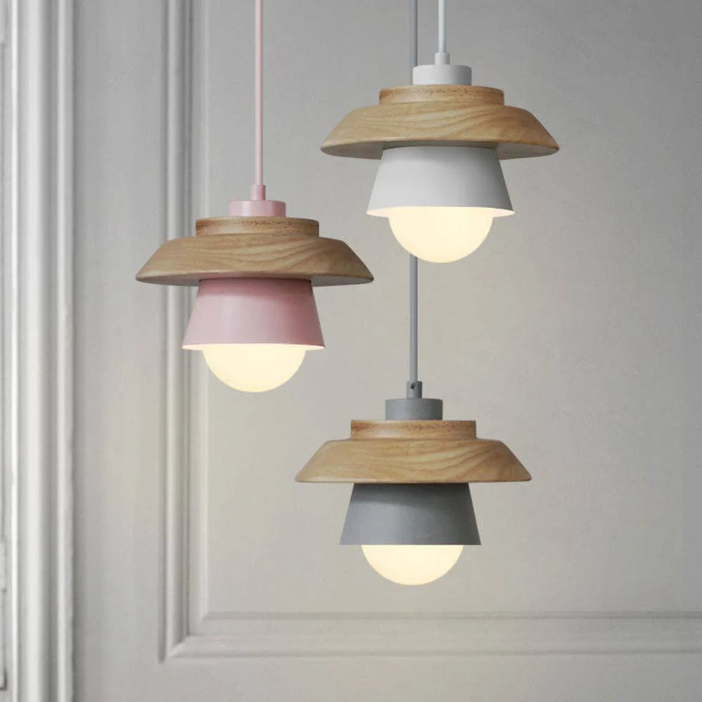 Pendant Light Warm Glow Aluminum & Wood Accent Adjustable Height