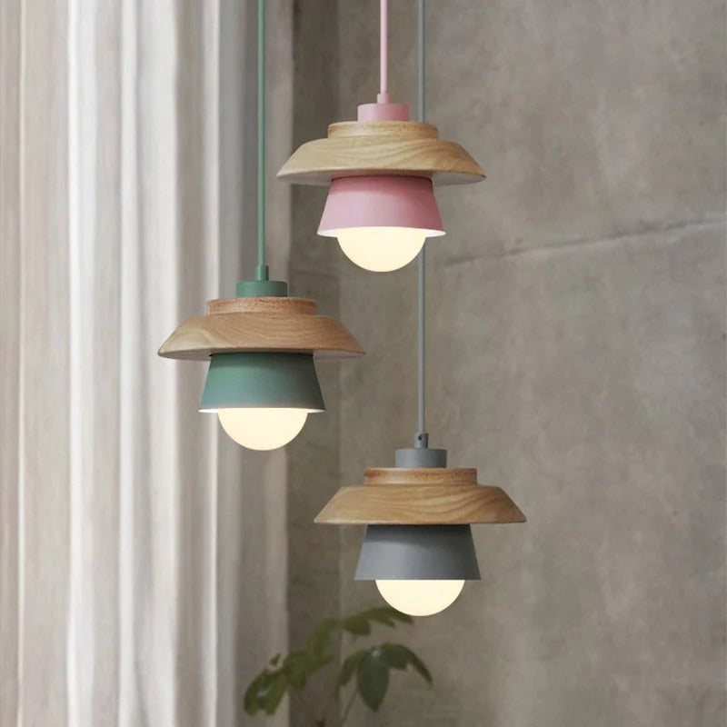 Pendant Light Warm Glow Aluminum & Wood Accent Adjustable Height