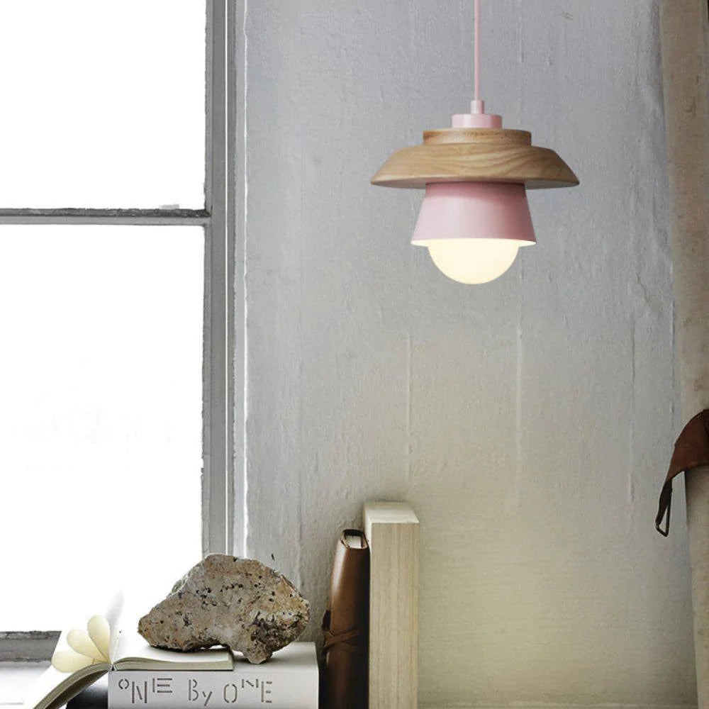 Pendant Light Warm Glow Aluminum & Wood Accent Adjustable Height