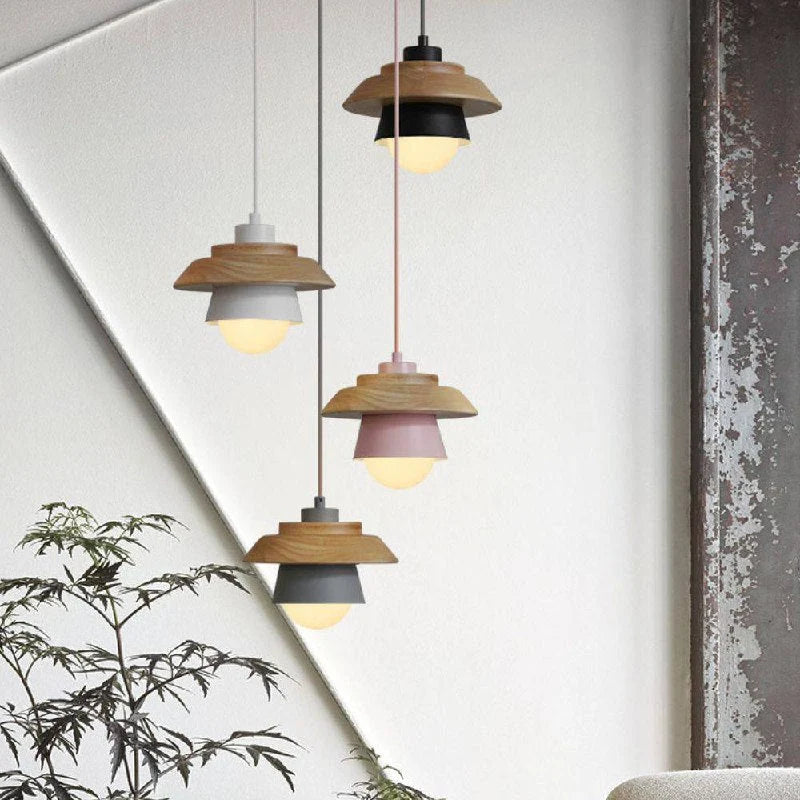 Pendant Light Warm Glow Aluminum & Wood Accent Adjustable Height