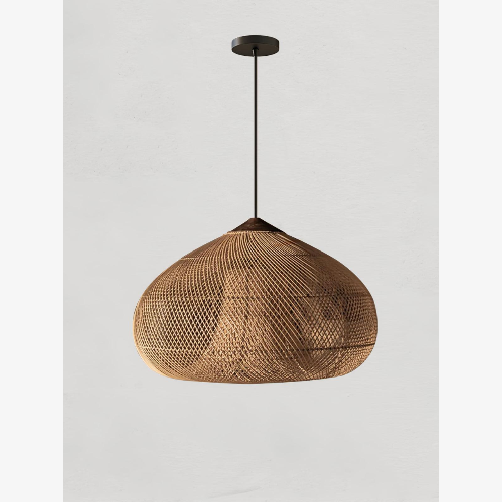 Pendant Light Woven Rattan Shade & Solid Wood Canopy