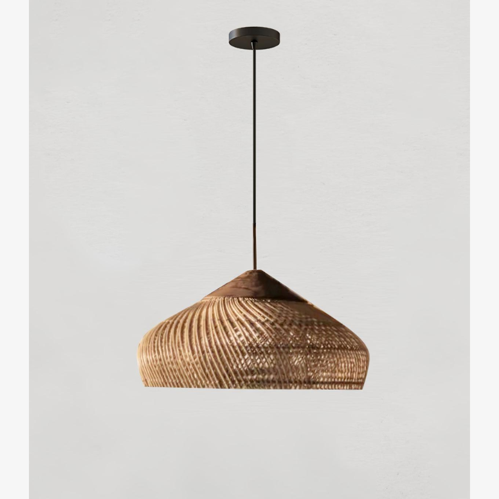Pendant Light Woven Rattan Shade & Solid Wood Canopy