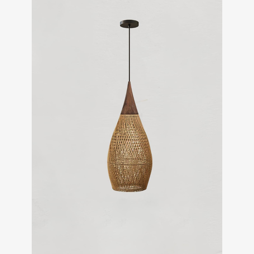 Pendant Light Woven Rattan Shade & Solid Wood Canopy