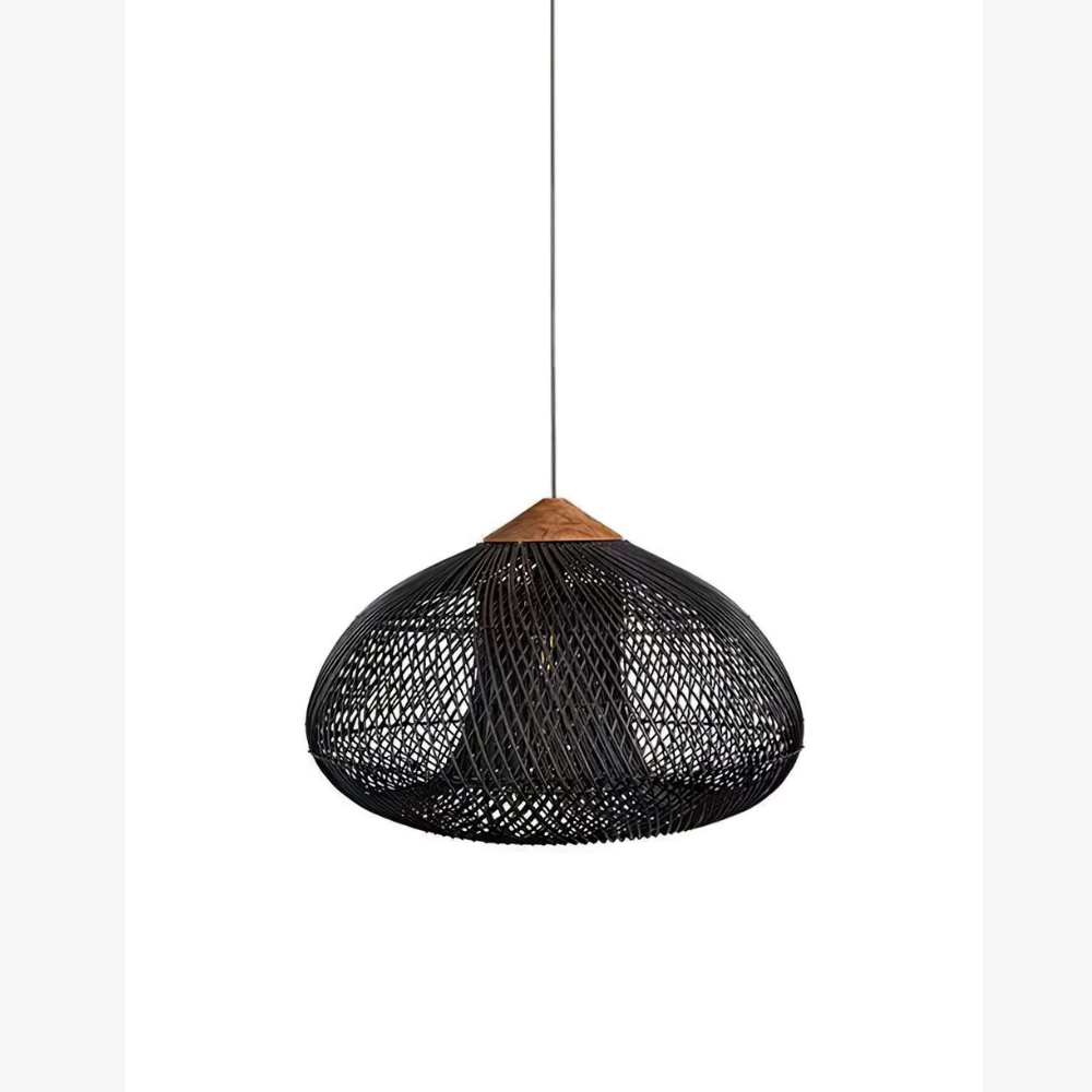 Pendant Light Woven Rattan Shade & Solid Wood Canopy