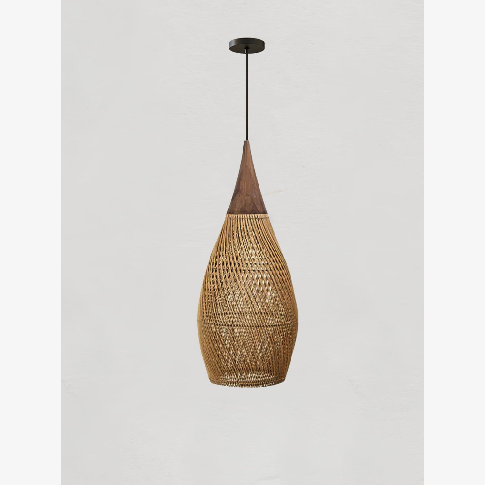 Pendant Light Woven Rattan Shade & Solid Wood Canopy