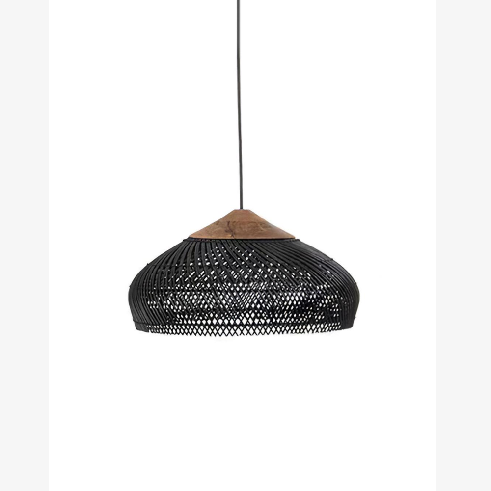 Pendant Light Woven Rattan Shade & Solid Wood Canopy