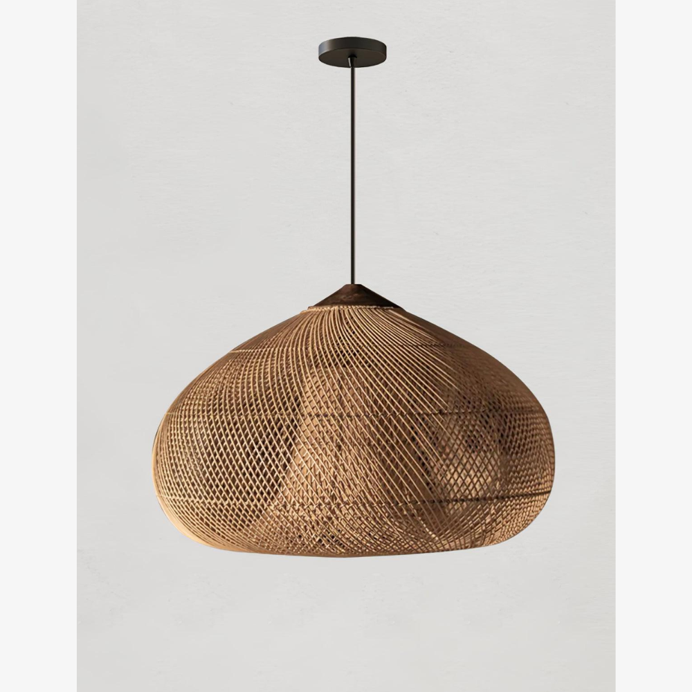 Pendant Light Woven Rattan Shade & Solid Wood Canopy