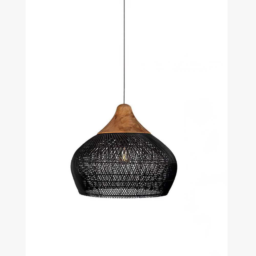 Pendant Light Woven Rattan Shade & Solid Wood Canopy
