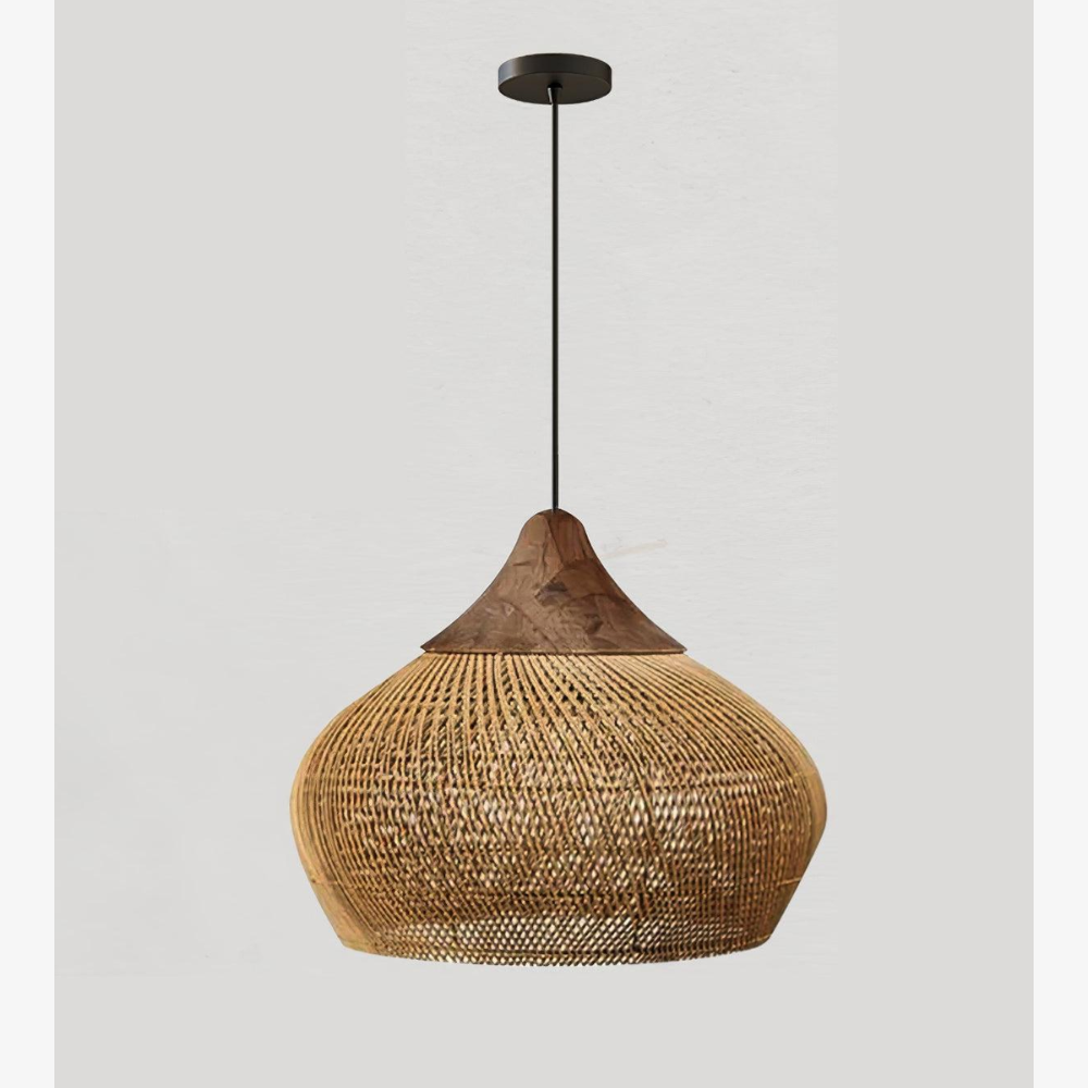Pendant Light Woven Rattan Shade & Solid Wood Canopy
