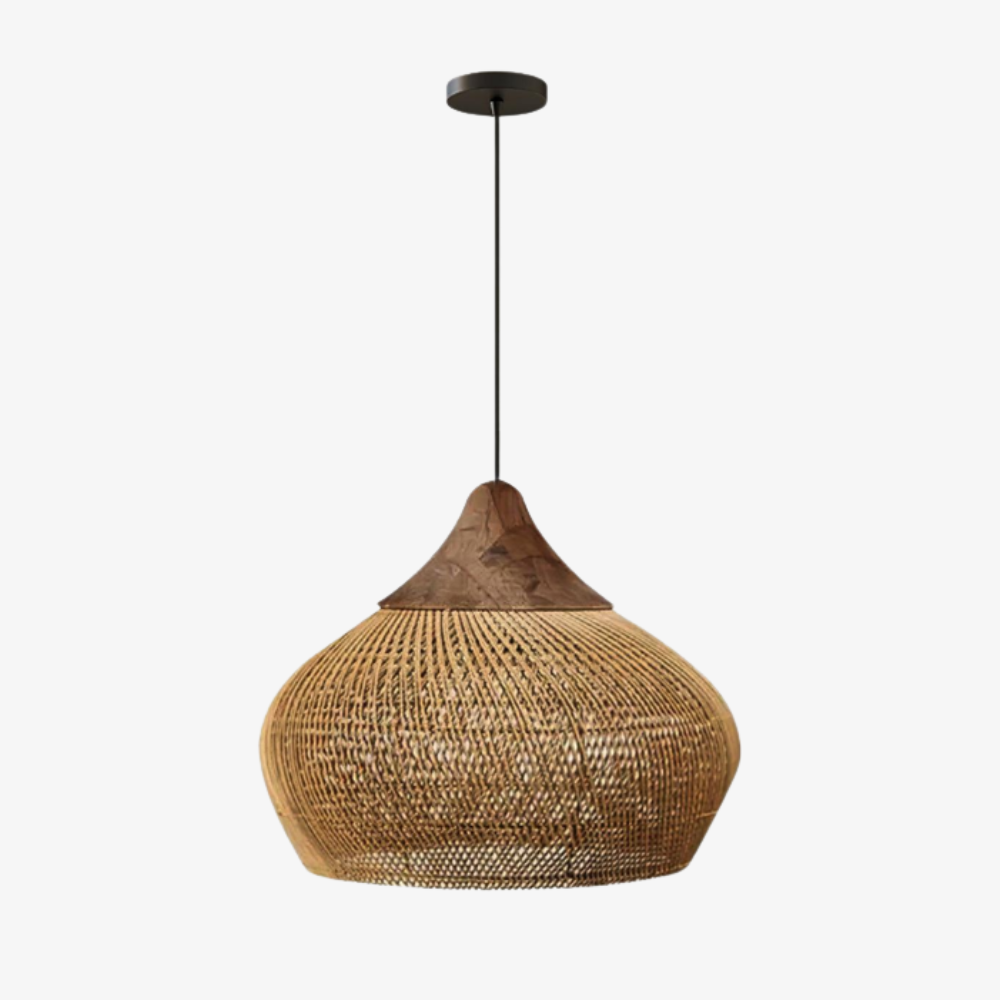 Pendant Light Woven Rattan Shade & Solid Wood Canopy