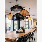 Pendant Light Woven Rattan Shade & Solid Wood Canopy