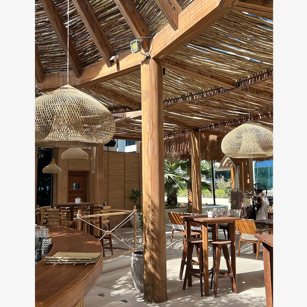 Pendant Light Woven Rattan Shade & Solid Wood Canopy
