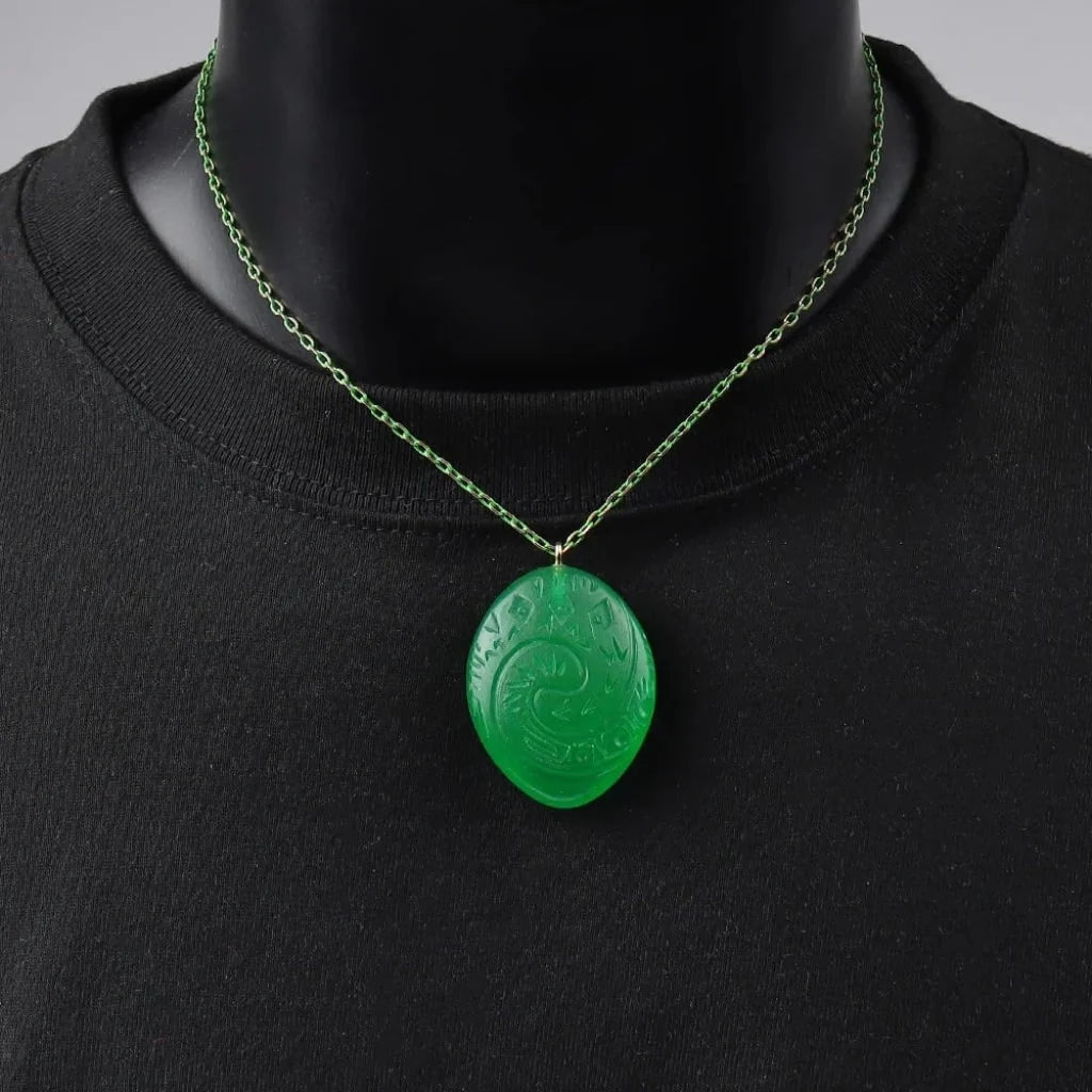 Pendant Necklace Carved Glow-In-The-Dark Green Resin