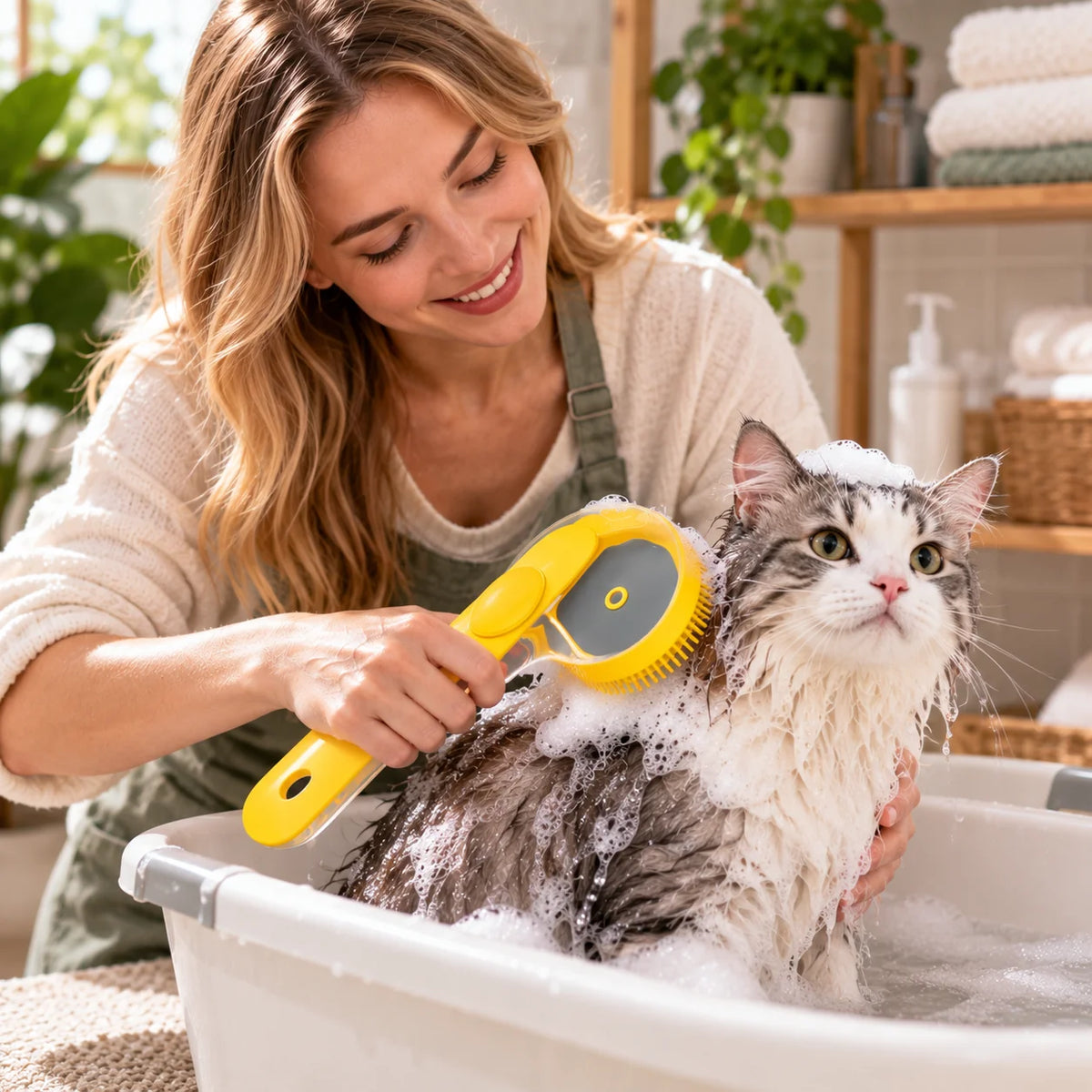 Pet Bath Brush 2-In-1 Shampoo Dispenser Soft Massage Bristles