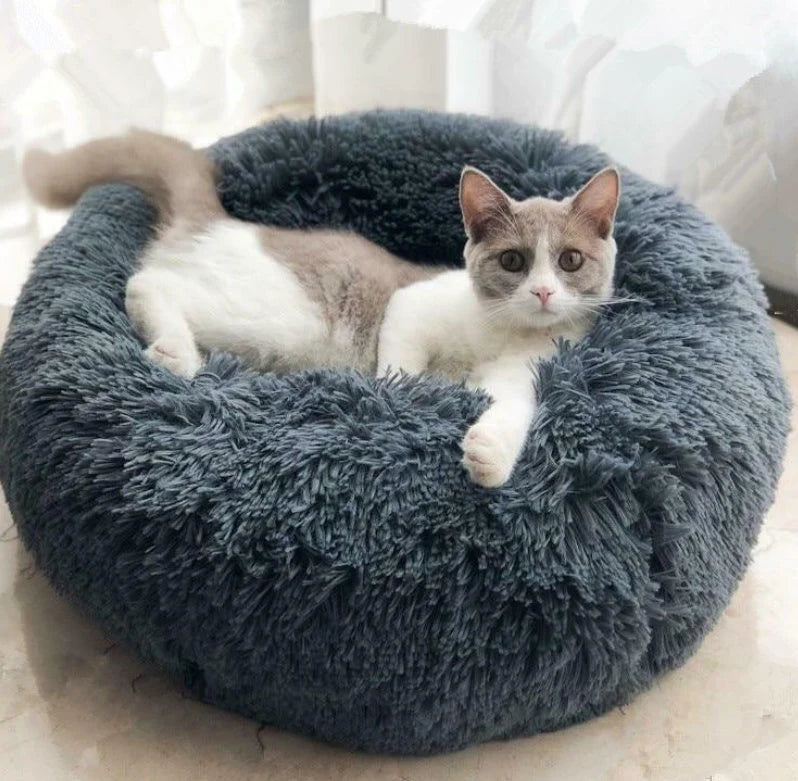 Pet Bed Round Calming Plush Vegan Fur Machine Washable
