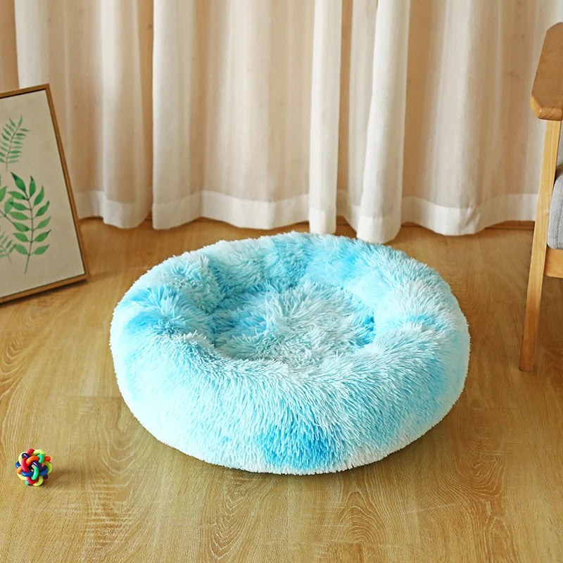 Pet Bed Round Calming Plush Vegan Fur Machine Washable