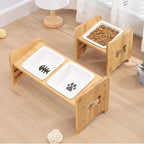 Pet Bowl Adjustable Height Ceramic Bamboo Base