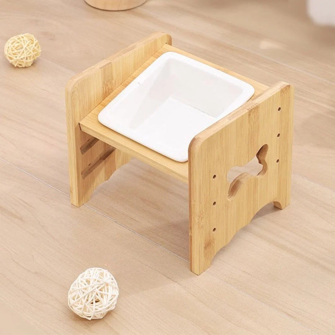 Pet Bowl Adjustable Height Ceramic Bamboo Base