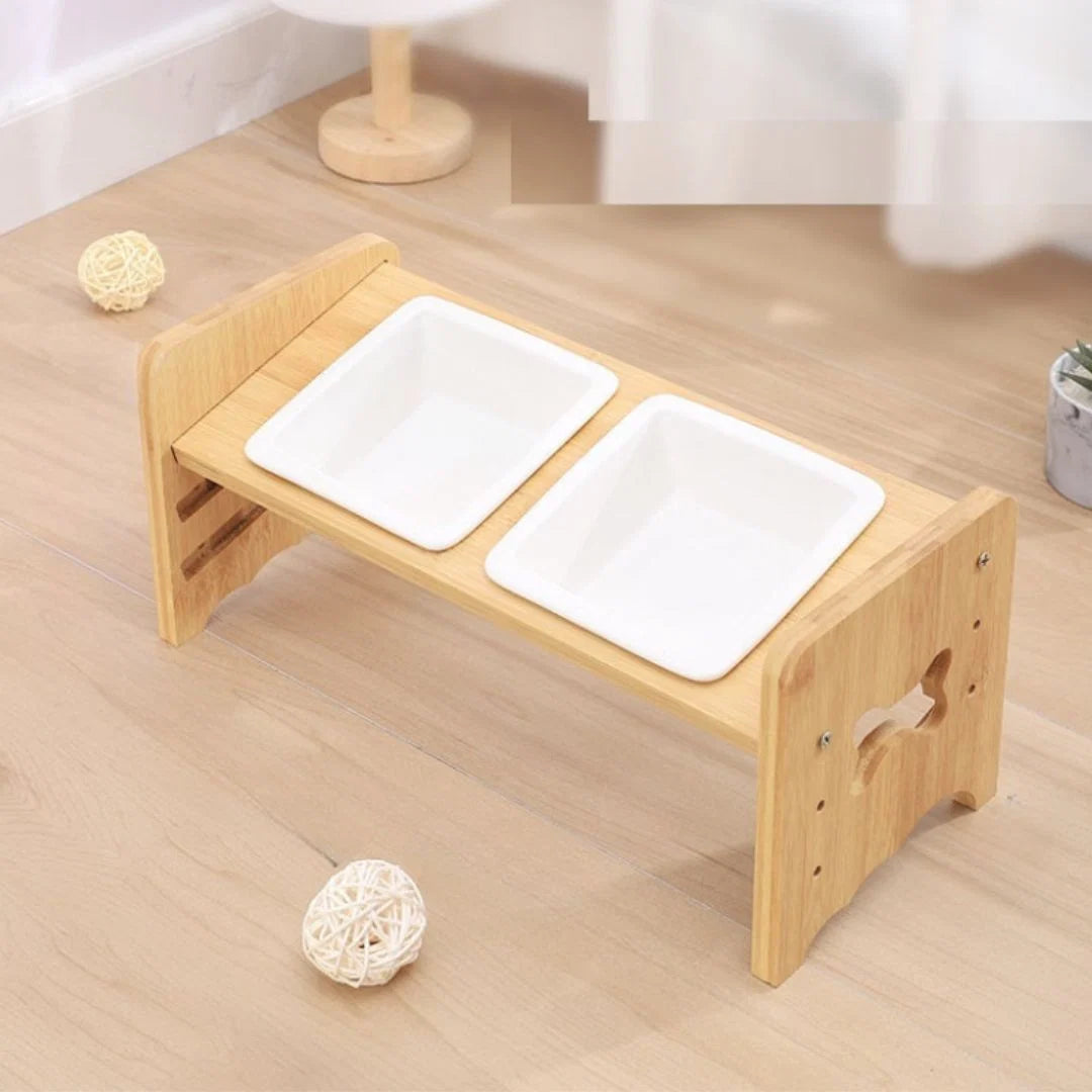 Pet Bowl Adjustable Height Ceramic Bamboo Base