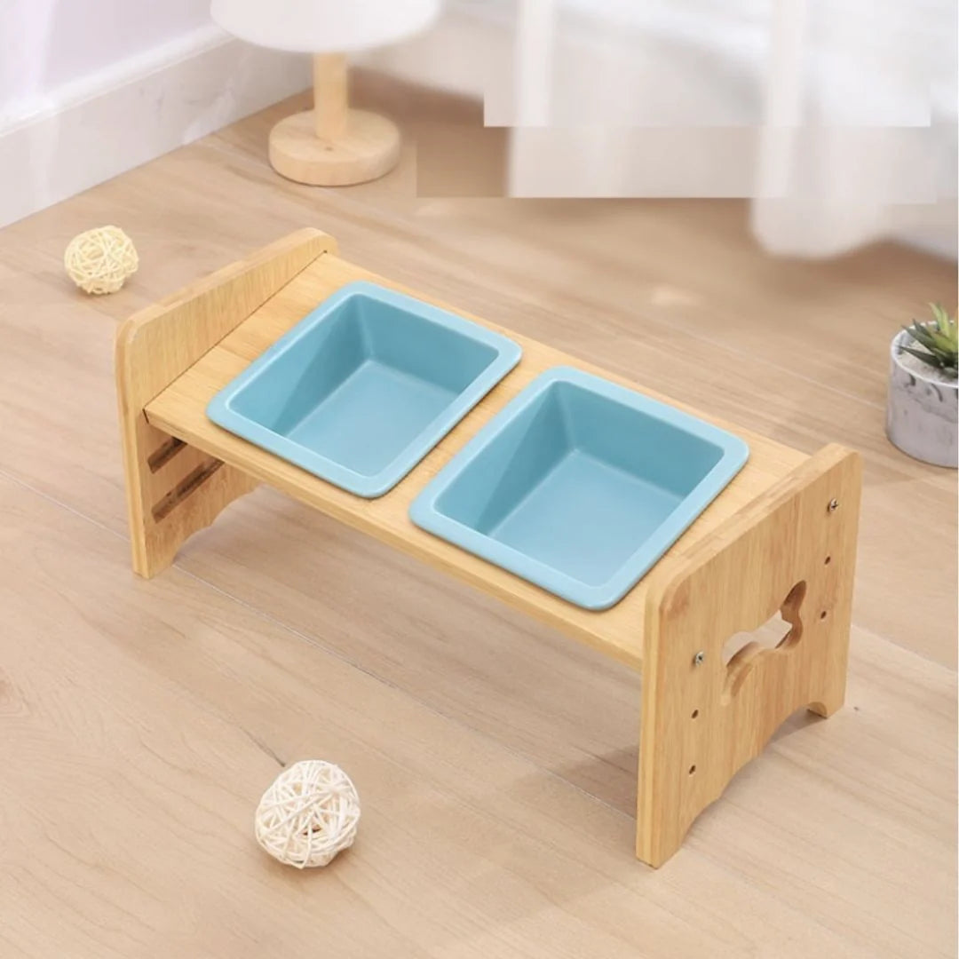 Pet Bowl Adjustable Height Ceramic Bamboo Base