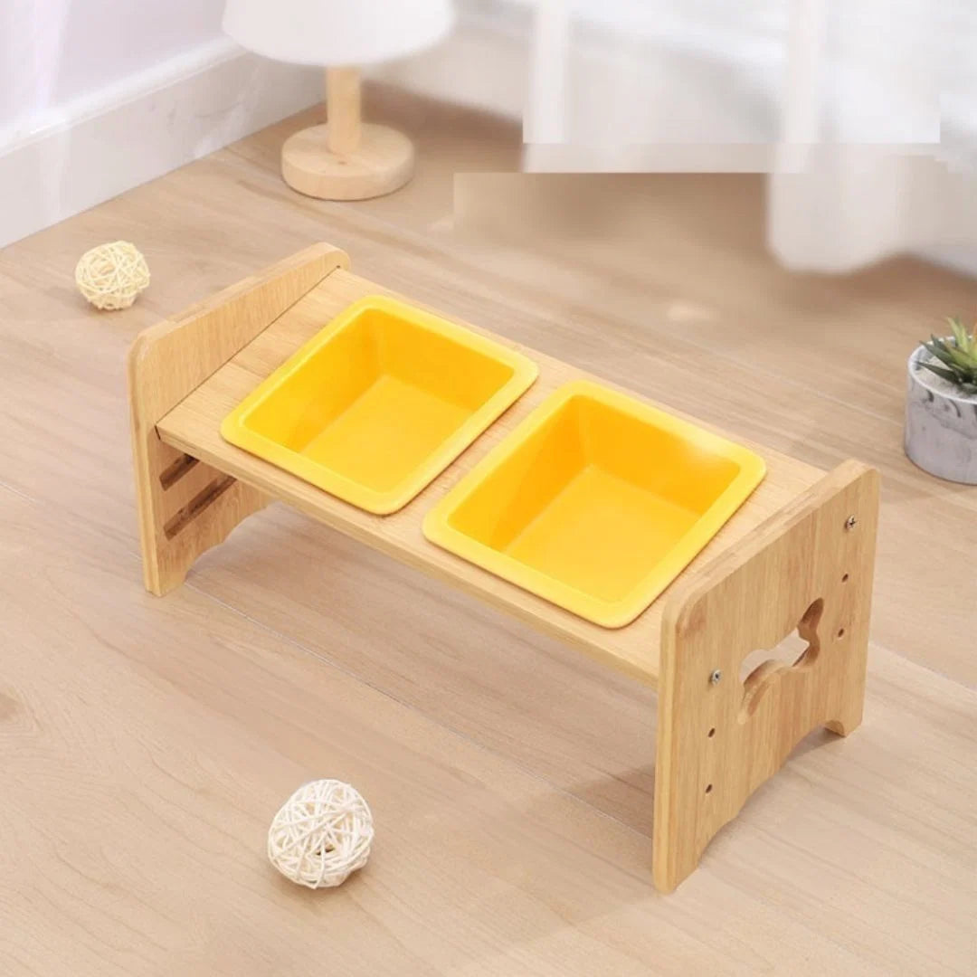 Pet Bowl Adjustable Height Ceramic Bamboo Base