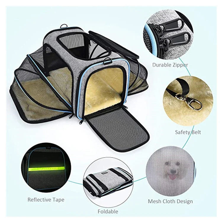 Pet Carrier Expandable 4-Way Mesh Windows & Reflective Tape