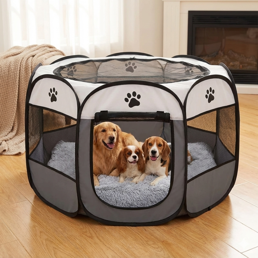 Pet Playpen Foldable Oxford Cloth Breathable Mesh