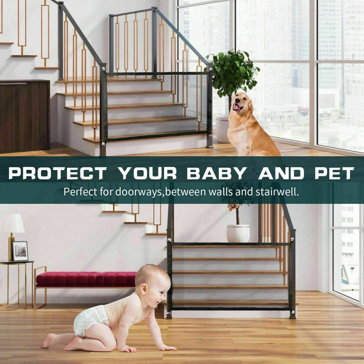 Pet Safety Gate Retractable Mesh & Stainless Steel Frame